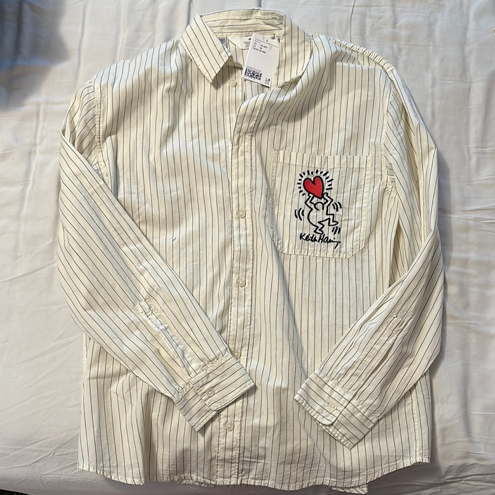 H&M White Button Down Shirt with Subtle Pinstripes